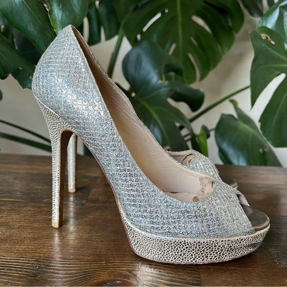 Jimmy Choo Luna Glitter Peep Toe Platform High Heel Pumps EU38.5 US8.5 - Picture 6 of 17